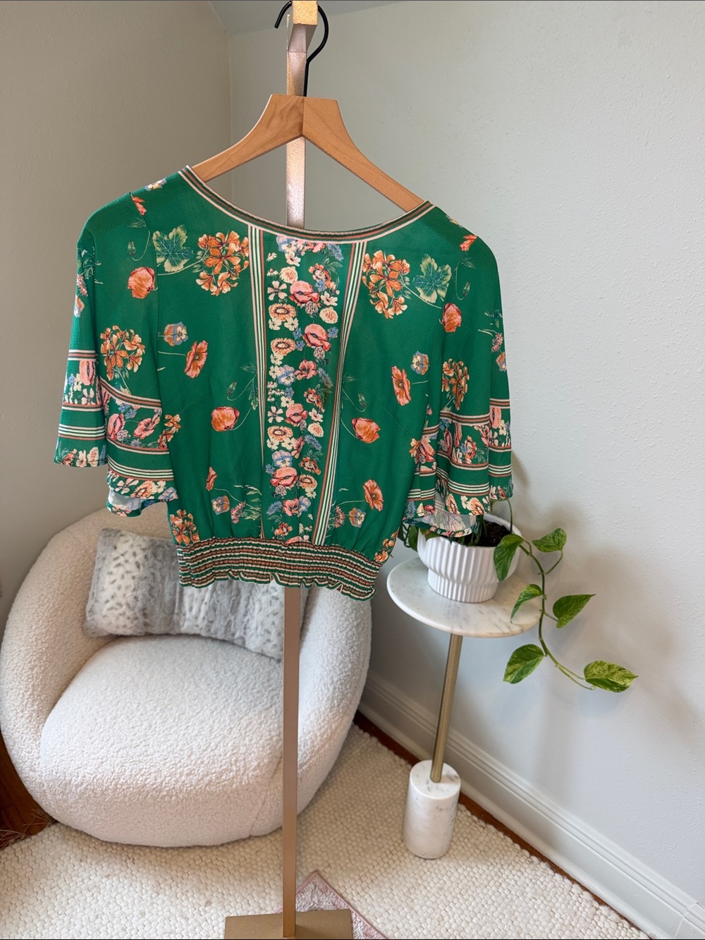 Jealous Tomato Green Floral Short Flutter Sleeve Smocked Top